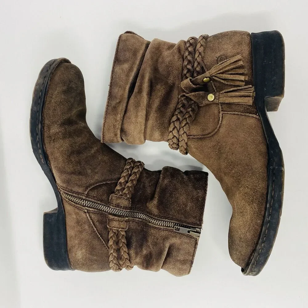 Born 7 Brown Ouvea Slouchy Zip Ankle Boots Distressed Suede Boho Western Braided